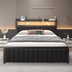 Full/Queen Size Bed Frame with 2-Tier Storage Headboard and Storage Drawers