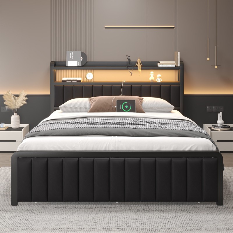 Full/Queen Size Bed Frame with 2-Tier Storage Headboard and Storage Drawers gallery