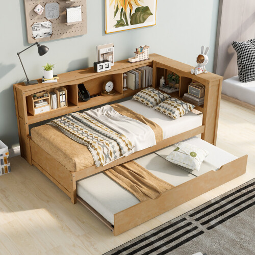 Solid Wood Daybed with Trundle Storage Bookcases Twin Size Sofa Bed Platform Bed gallery