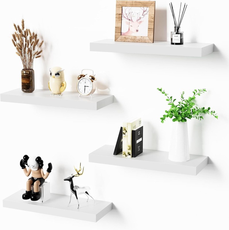 Floating Shelves Wall White Engineered Wood Wall Shelf Set of 4 16" Wall Mounted gallery