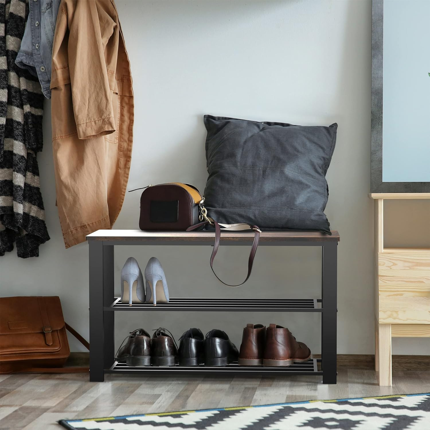 Wood Top Shoe Storage Bench for Entryway, Rustic Brown gallery