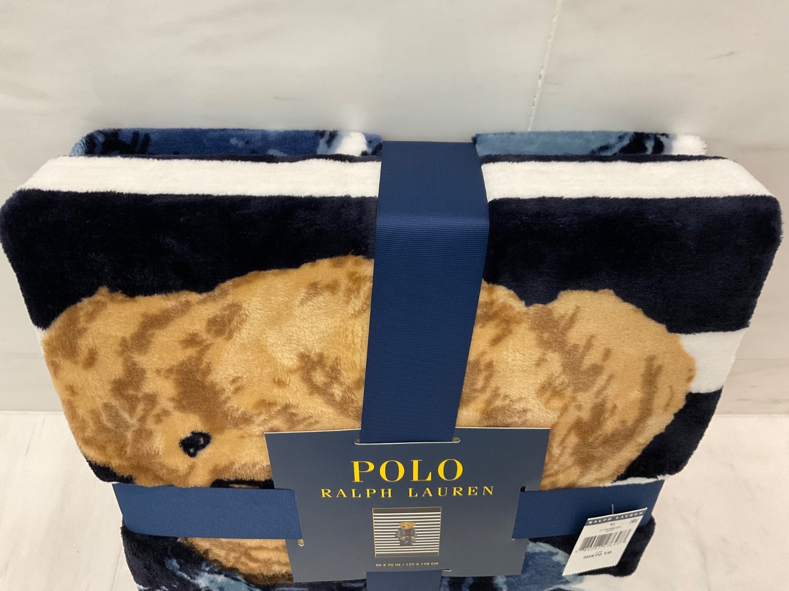 NWT POLO Ralph Lauren Navy White STRIPED RL DENIM BEAR 50” X 70” Fleece Blanket gallery