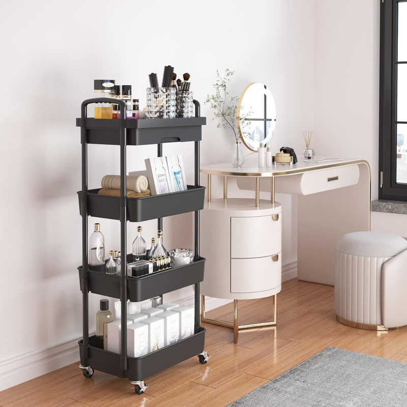 4 Tier Rolling Utility Cart With Drawer Storage Organizer Kitchen Bathroom Black gallery