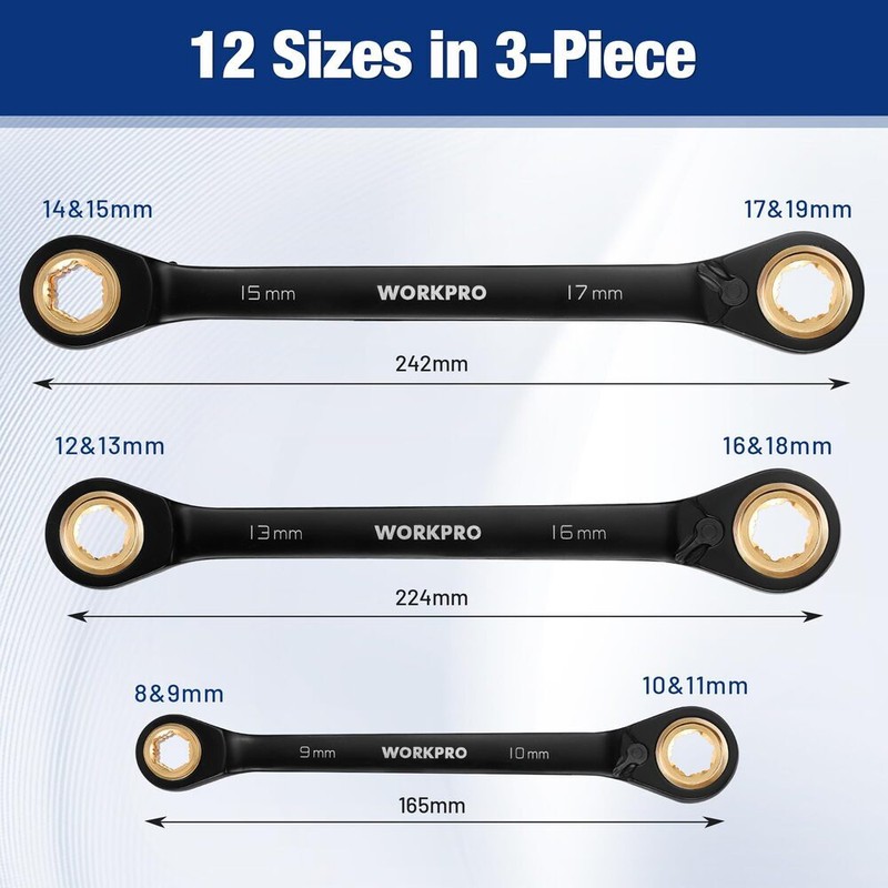 WORKPRO 3PC 4-in-1 Reversible Ratcheting Wrench Set Double Box End 8-19mm Metric gallery