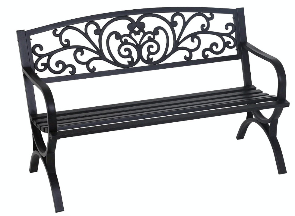FDW 50" Outdoor Garden Bench Slatted Seat Floral Back Patio Black gallery