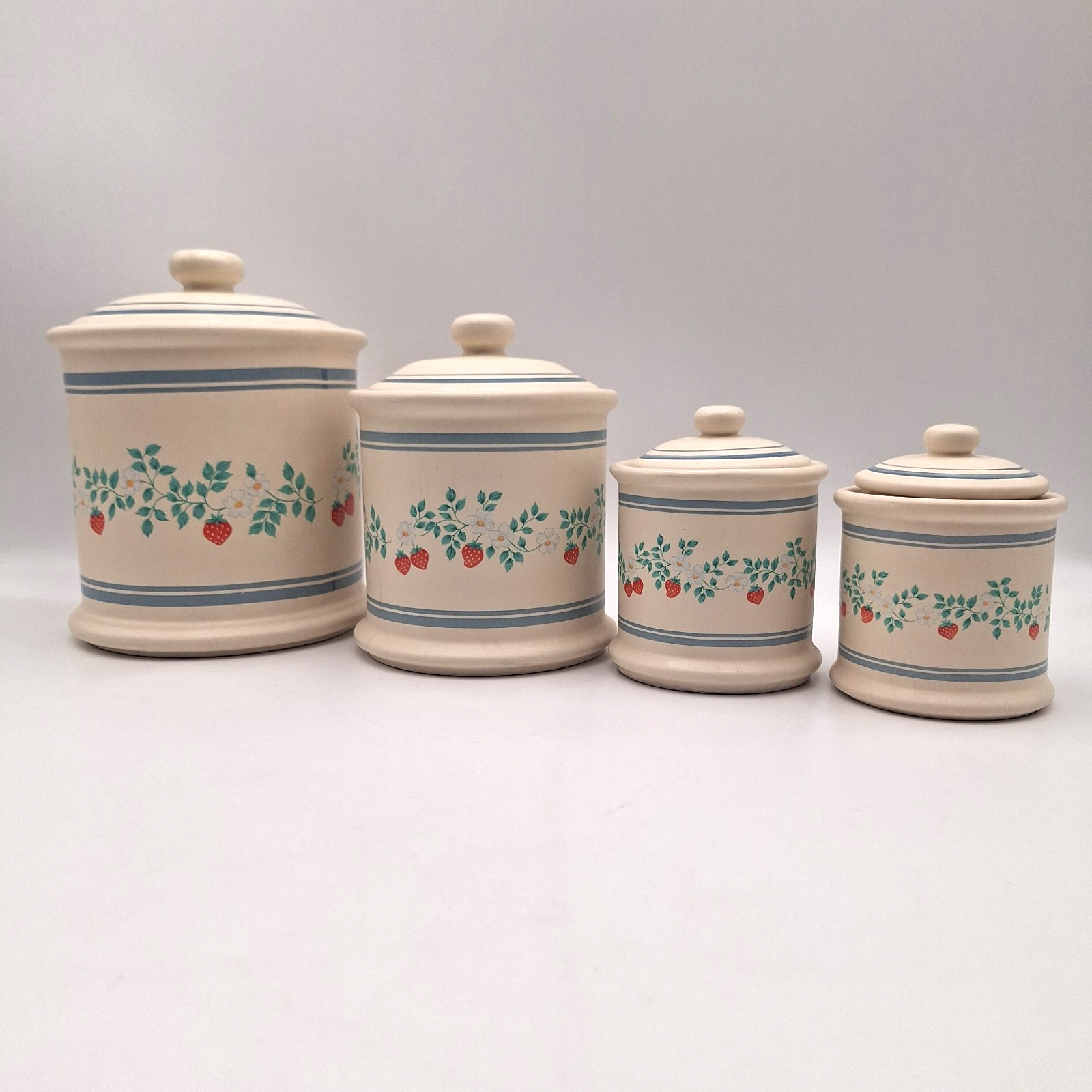 4PC VTG Strawberry Canister Set Ceramic Blue Stripe Cottage Farmhouse Country gallery