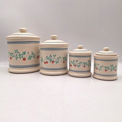 4PC VTG Strawberry Canister Set Ceramic Blue Stripe Cottage Farmhouse Country