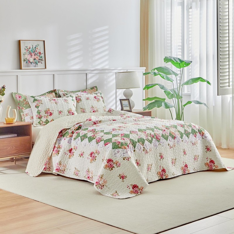 Patchwork Quilt Set King Size,3 Pieces Pink Cream Green Floral Plaid Reversib... gallery