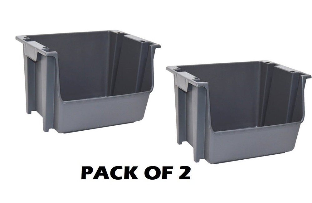 2PACK Mighty Tuff Large Nesting Stack Storage Bin, All, Plastic, Gray