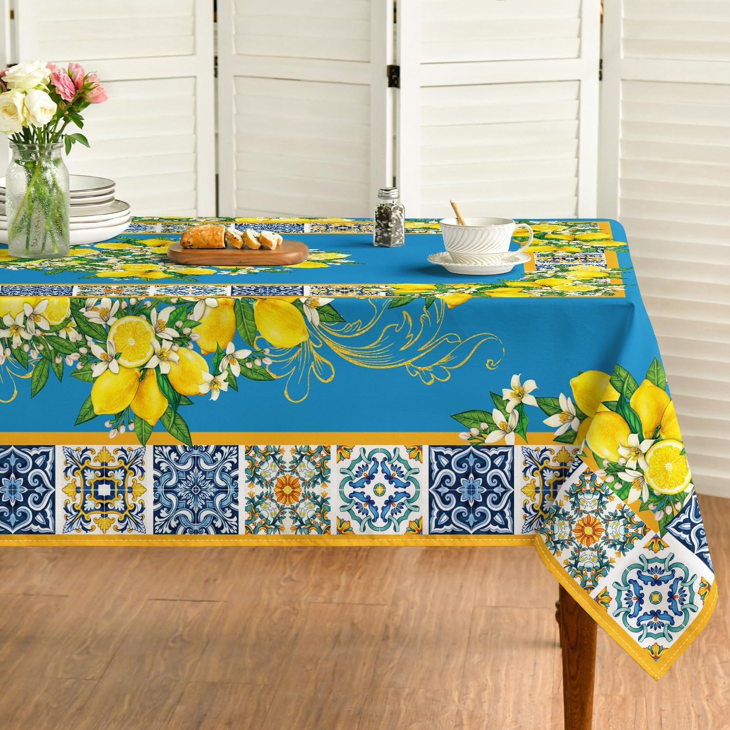 Summer Tablecloth 60×84 Inch Rectangular, Blue Yellow Lemon Vintage Pattern Wash gallery