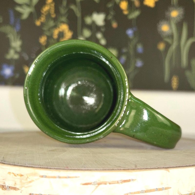 Rustic handmade studio pottery mug - etched tan with green speckled glaze gallery
