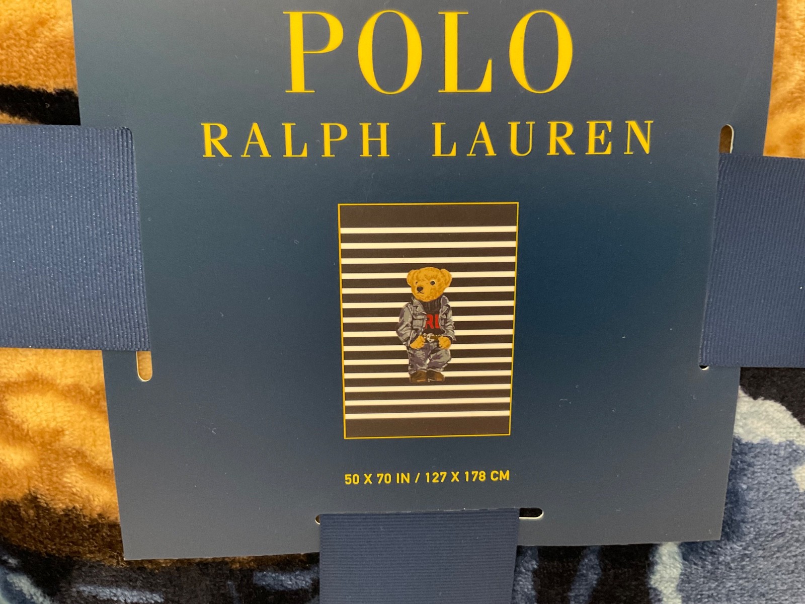 NWT POLO Ralph Lauren Navy White STRIPED RL DENIM BEAR 50” X 70” Fleece Blanket gallery