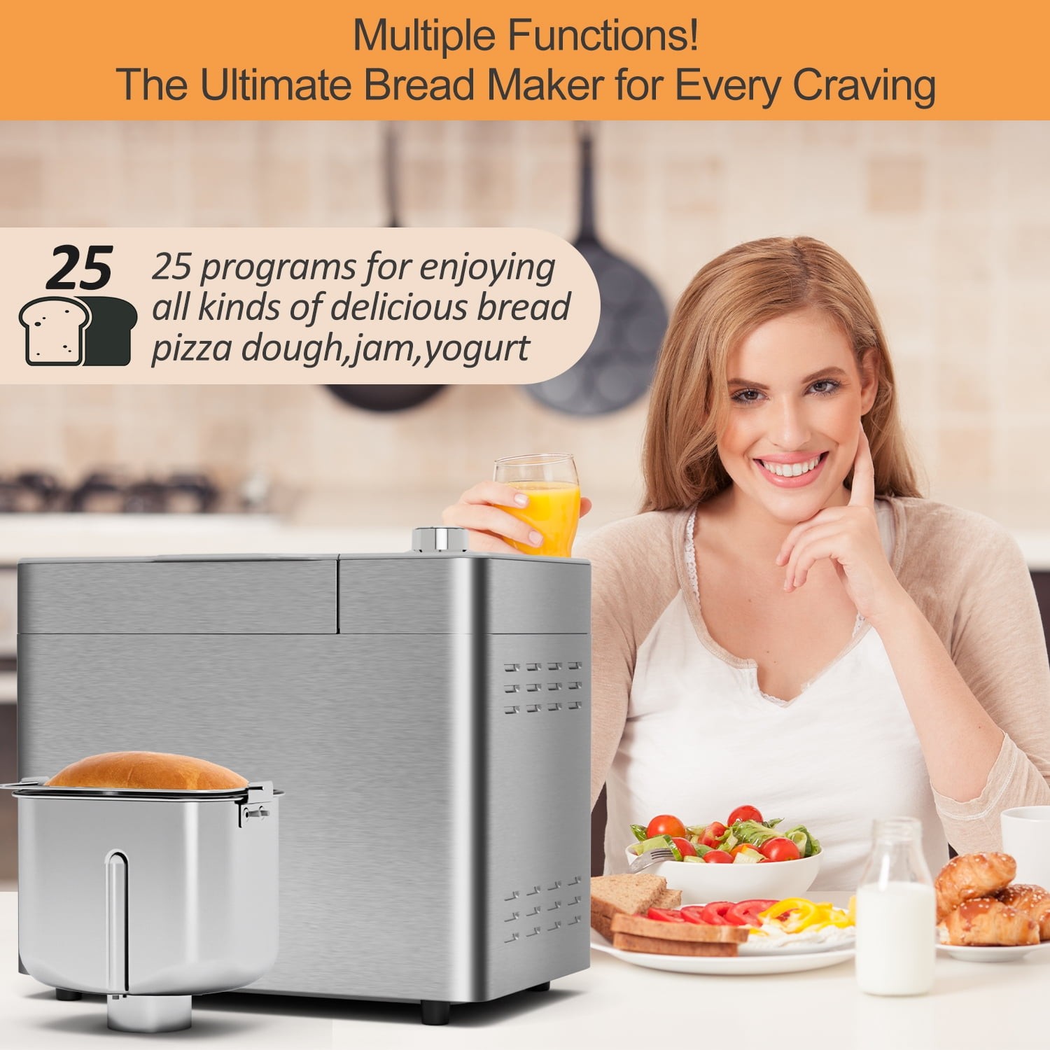Bluebow 25-in-1 2LB Bread Machine with Auto Fruit/Nut Dispenser, Stainless Steel gallery