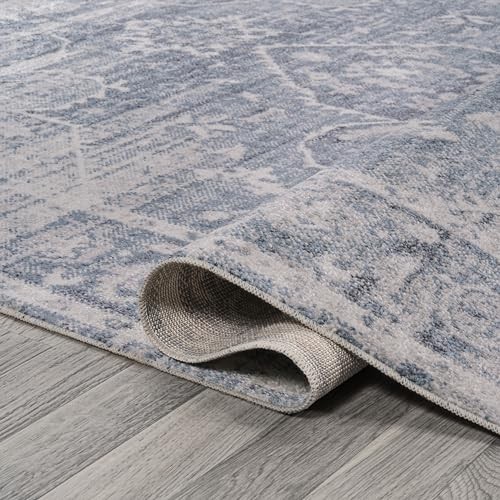 Machine Washable Blue/Light Gray Runner Rug 2X8 ft, Shaii Global Medallion gallery