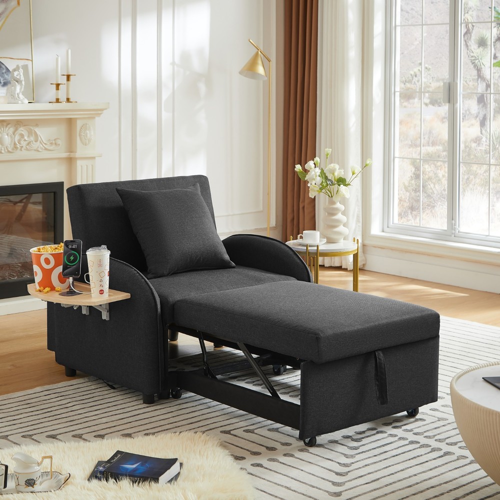 Convertible Sleeper Chair Pull Out Bed with USB Port & Foldable Side Table