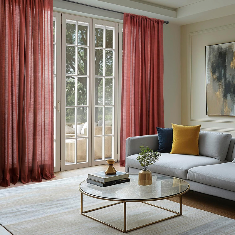 Rustic Red Linen Weave Light Filtering Curtains 96" Long - 2 Panels gallery
