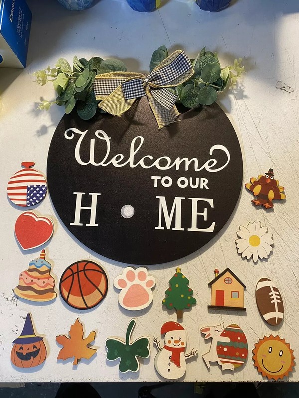 Front Door Welcome Sign Interchangeable Hanging Wreath Outdoor Wall Decor Spring gallery