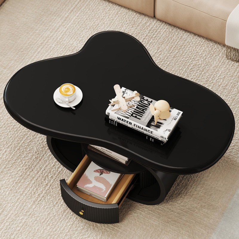 Black 39"Cloud Coffee Table Center Table MDF Metal with Drawer,Shelf Home Office gallery