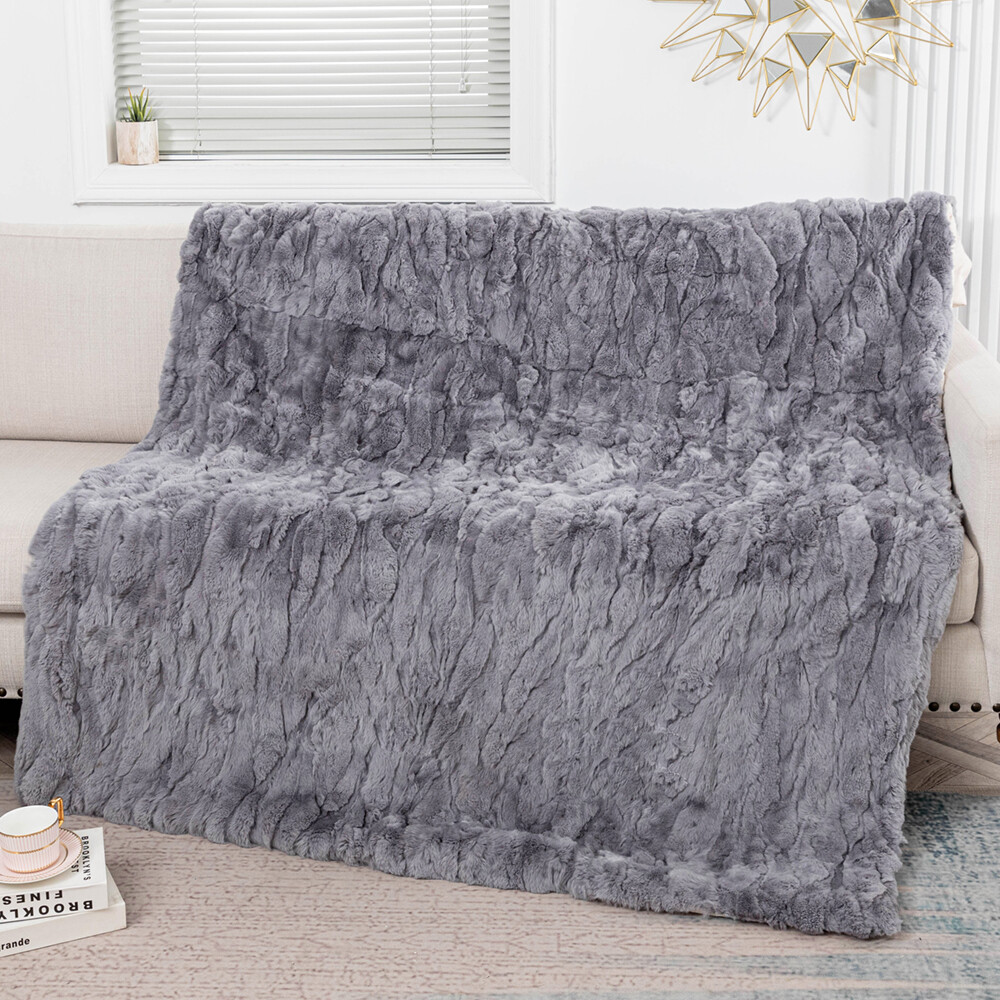 Luxury Real Rex Rabbit Fur Throw Blanket Warm Sofa Bedspread Dyed Gray 79inx55in gallery