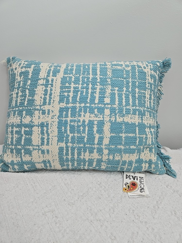 Devi Designs Teal/White Abstract Cotton Pillow Zipper Fringe Missing On One Side