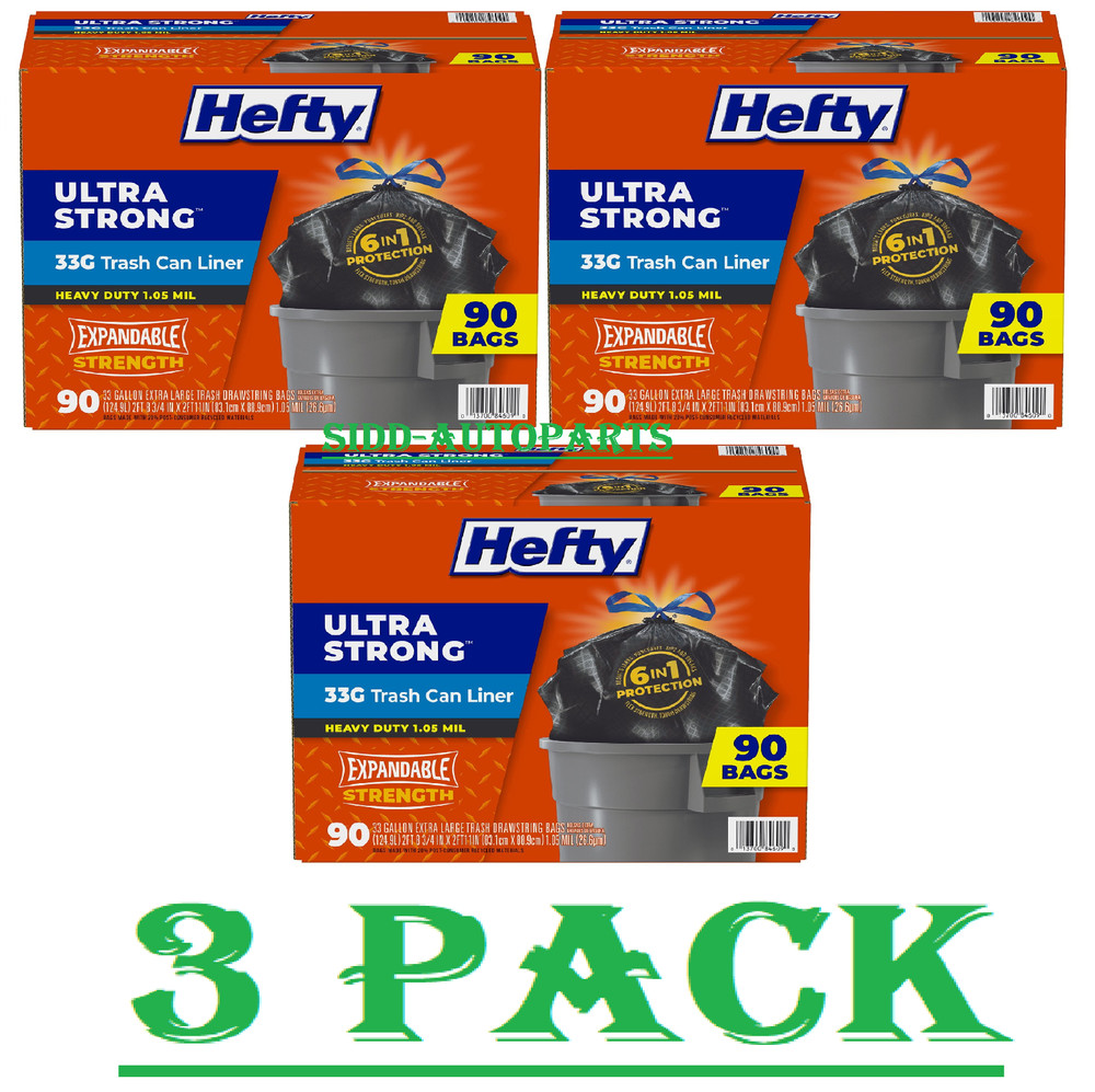 3 Pack Hefty Ultra Strong Drawstring Trash Bags, Unscented 33 gal., 90 ct.