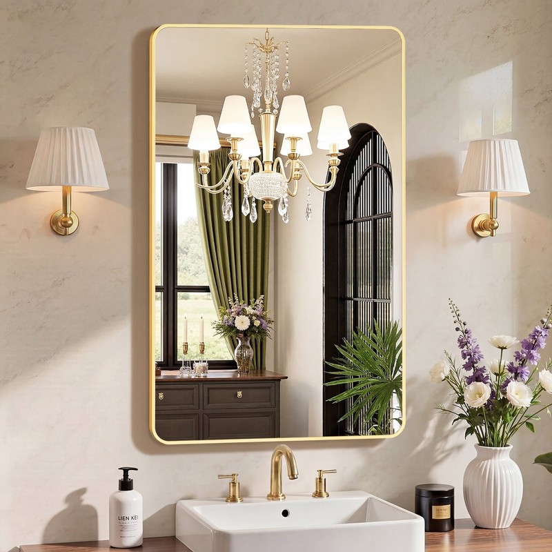 Rectangular Aluminum Alloy Frame Wall Mounted Bathroom Mirror w/ Rounded Corners gallery