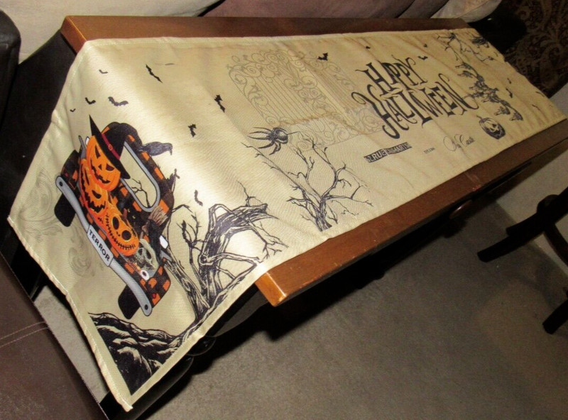 Halloween Table Runner 70" X 12" Black Truck Terror Pumpkins Bats Skulls Raven gallery