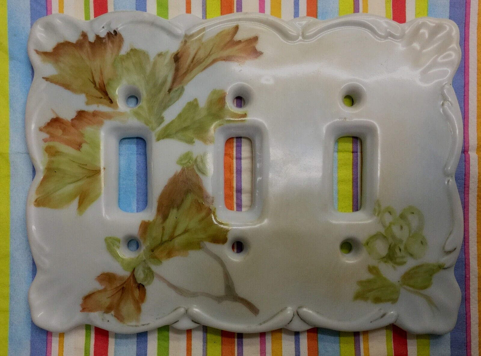 Vintage White Ceramic 3-toggle Light Switch Wall Cover Triple~Acorn Oak~FreeShip gallery
