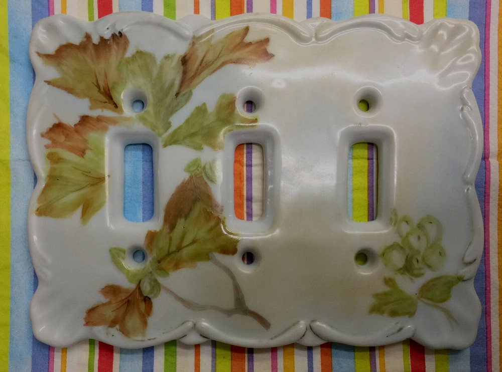 Vintage White Ceramic 3-toggle Light Switch Wall Cover Triple~Acorn Oak~FreeShip