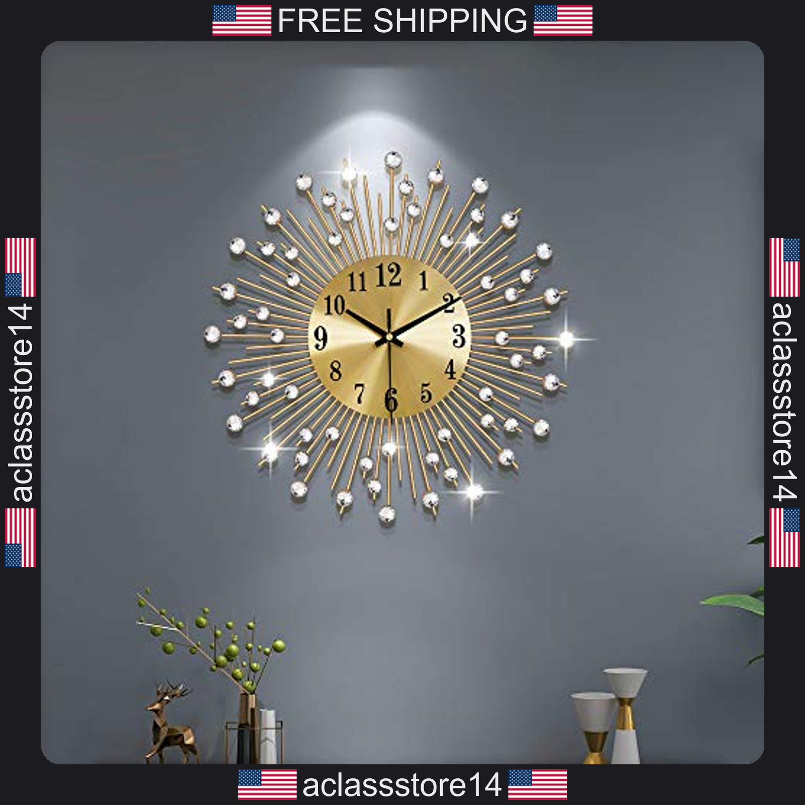 Large gold wall clock 14 inch silent round metal decor for living room bedroom gallery