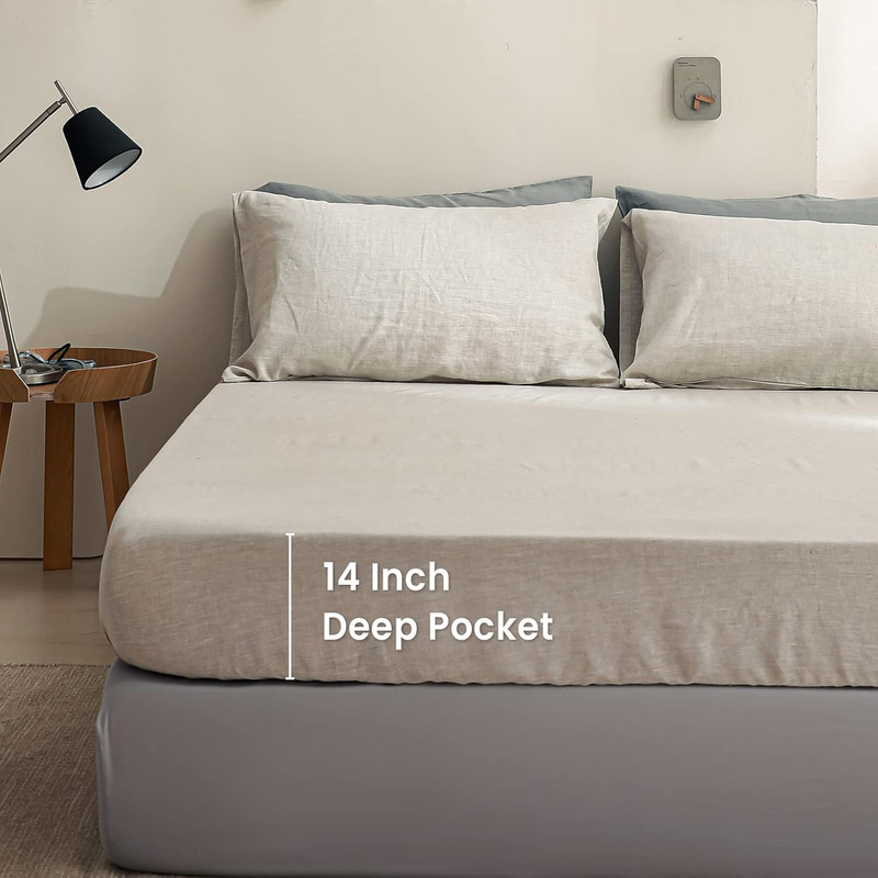 100% Linen Fitted Sheet Stone Washed Solid Color - (1 Piece) 14 Inch Deep Pocket gallery