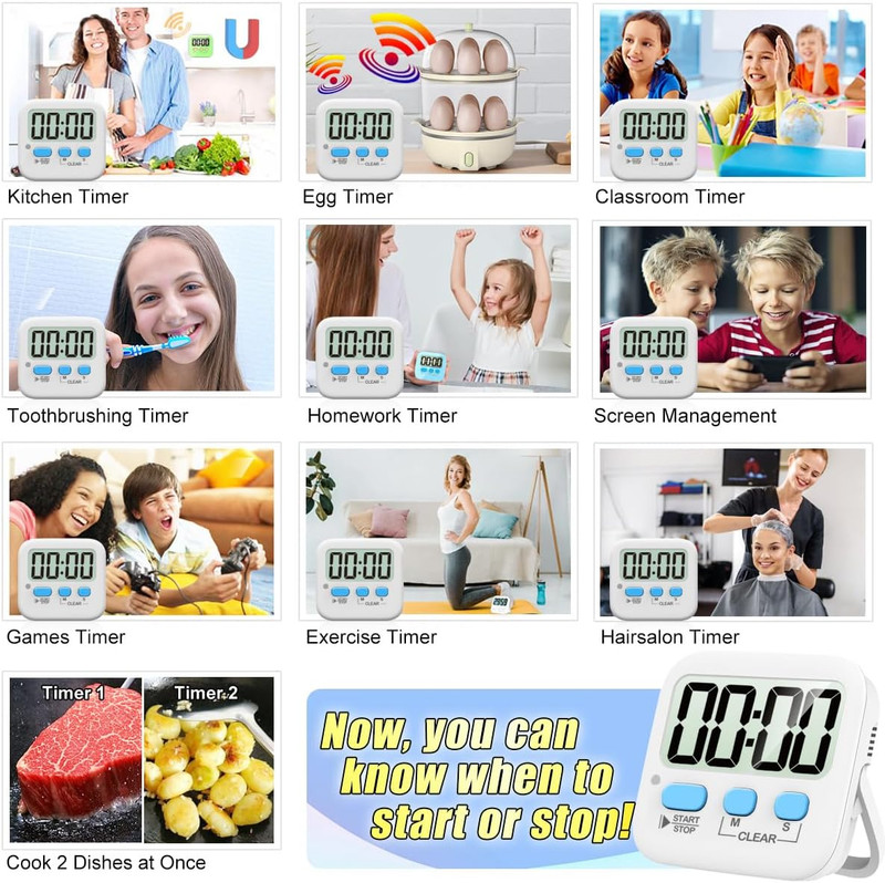 2 Pack Digital Kitchen Timer Count Up Down Loud Silent Magnetic Display gallery