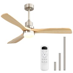 Nickel & Solid Wood Ceiling Fan with Dimmable LED & Remote Control/6 Speed/Quiet