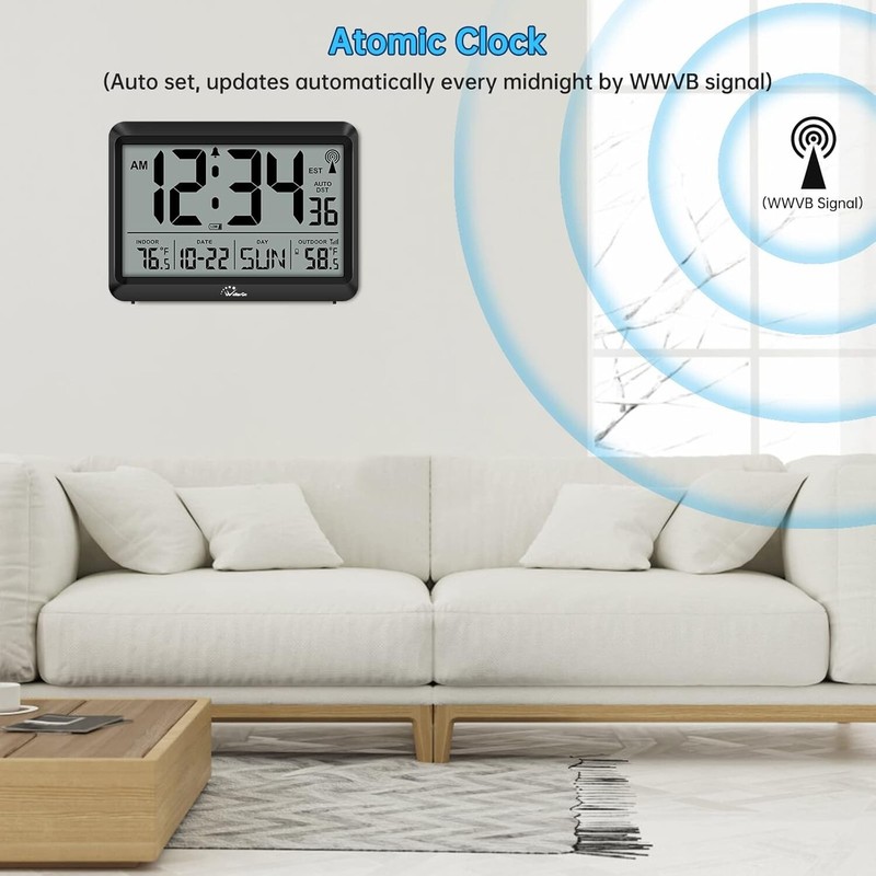Atomic Clock with Indoor Outdoor Temperature, Self-Setting Digital Wall Clock gallery