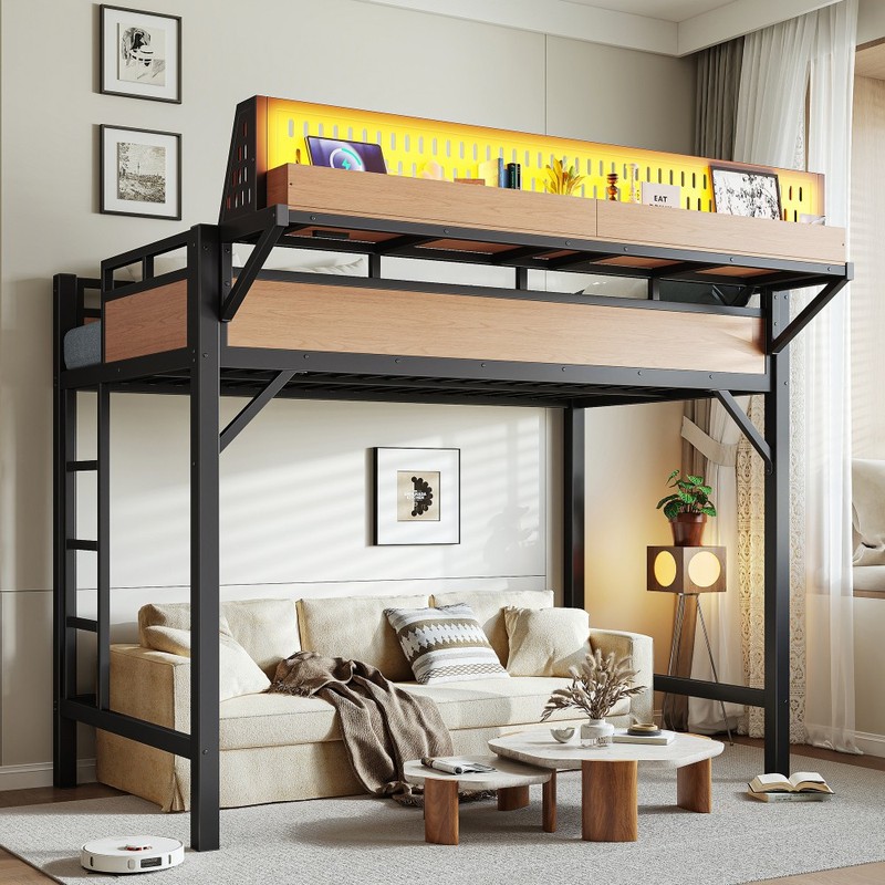 Full Queen Size Loft Bed w/Storage Stairs,Metal Loft Bed Frame w/ Storage Shelve gallery