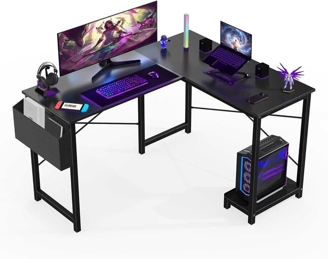 L Shape Home Office Corner Computer Desk Gaming PC Table with CPU Stand Side Bag gallery