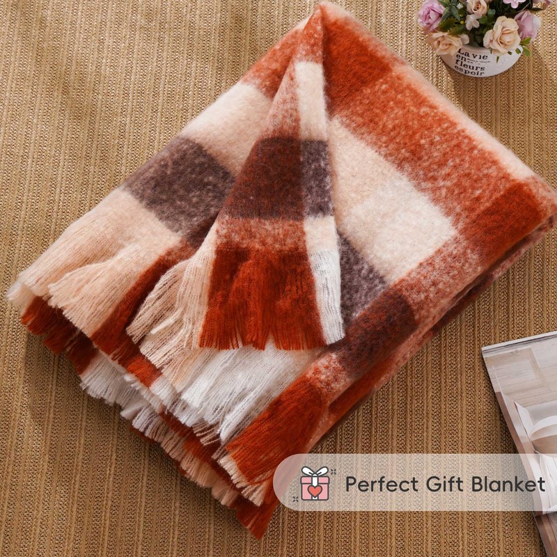 Rust Plaid Throw Blanket for Couch Bed, Soft Mohair Tartan Plaid Blanket, Far... gallery
