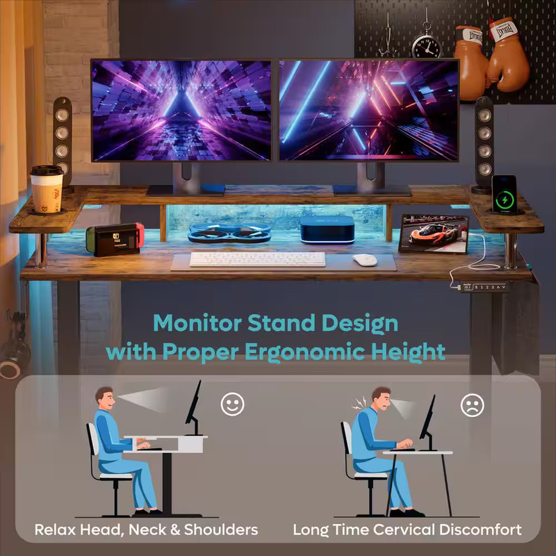 58 In. Rectangular Rustic Brown Wood Sit to Stand Desk with Monitor Stand and Cu gallery