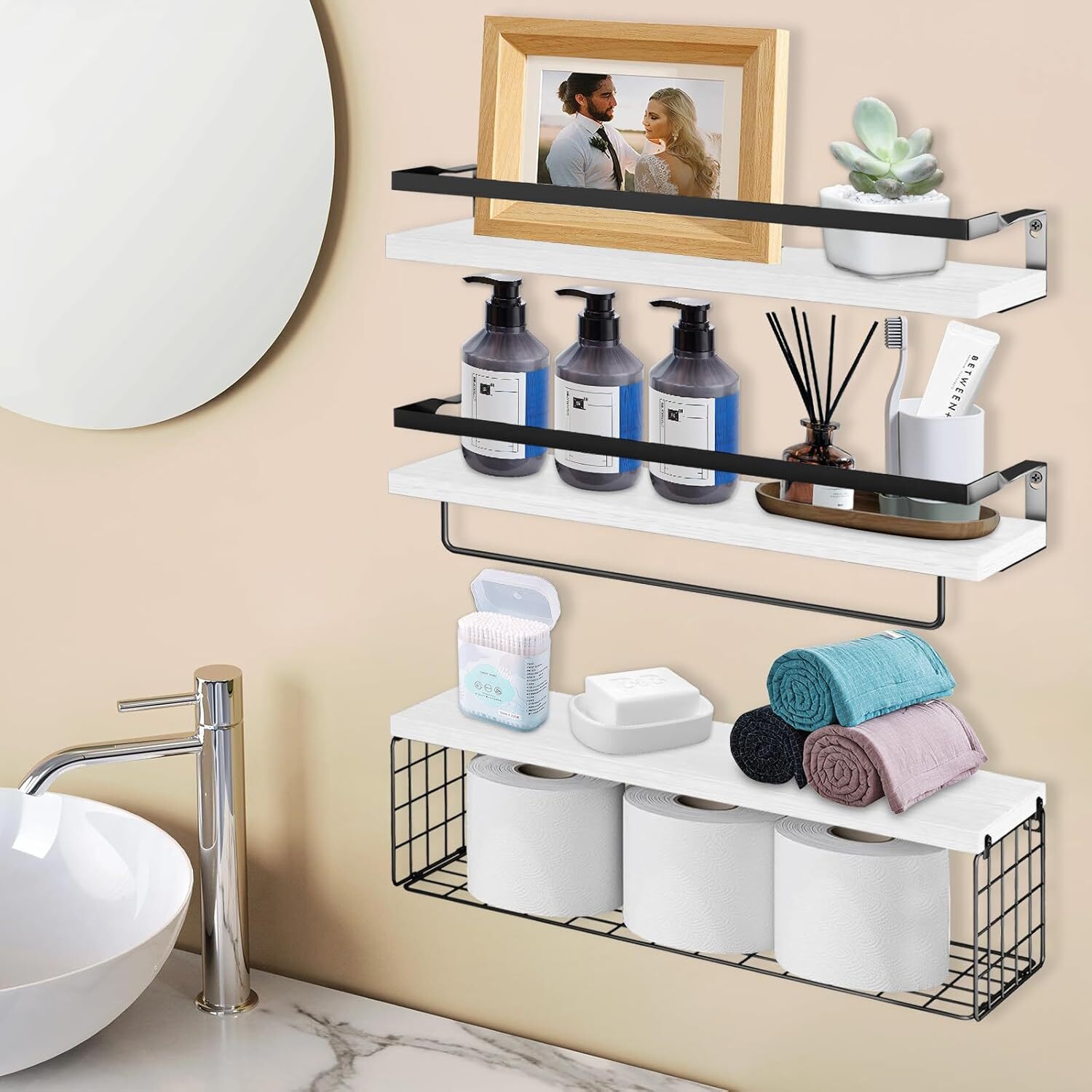 Floating Shelves Wall Mounted Set of 3 Wood Wall Storage Shelves w/ Metal Frame gallery