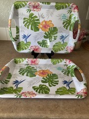 Rectangular Serving Trays w/Handles Hibiscus Palm Trees Lot 2