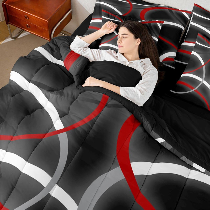 Red Geometric Comforter Set Queen Size 7 Pieces Modern Bedding gallery