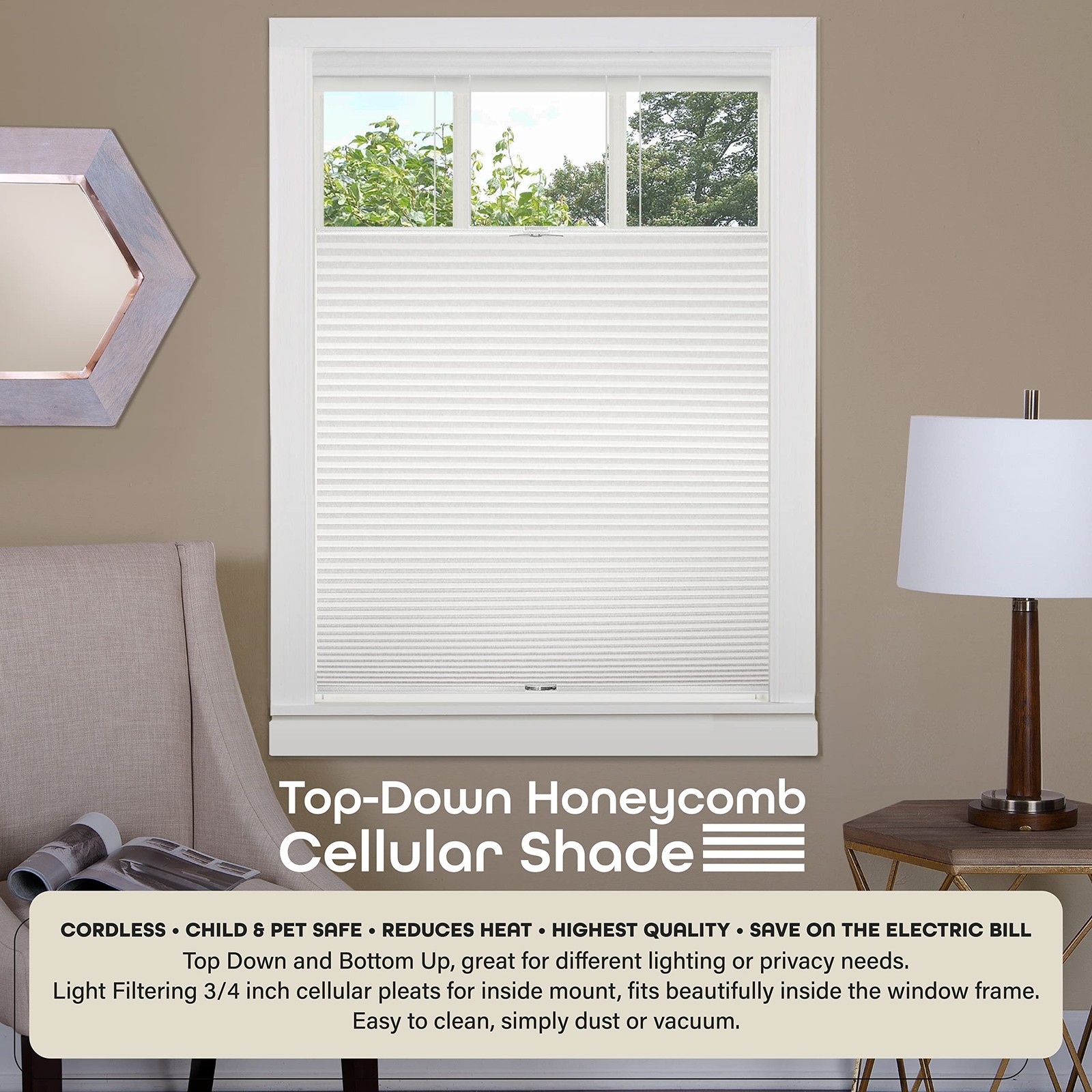 Cordless Cellular Pleated Window Shades - 39 Inch Width 64 Inch Length - White gallery