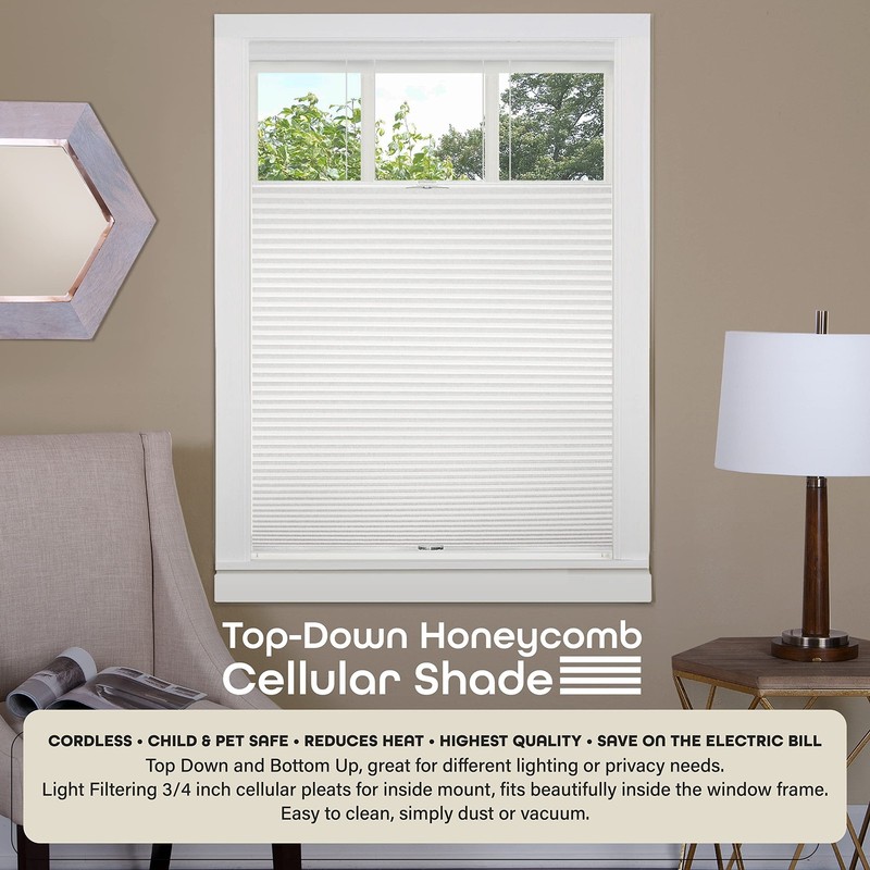 Cordless Cellular Pleated Window Shades - 39 Inch Width 64 Inch Length - White gallery