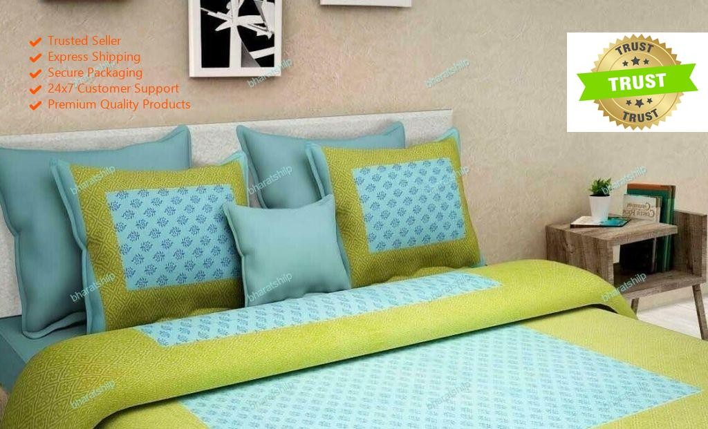 Bed Sheet with Two Pillow Cover Green Froal hand 4 Kaam Gad Buti Pure Cotton Dou gallery