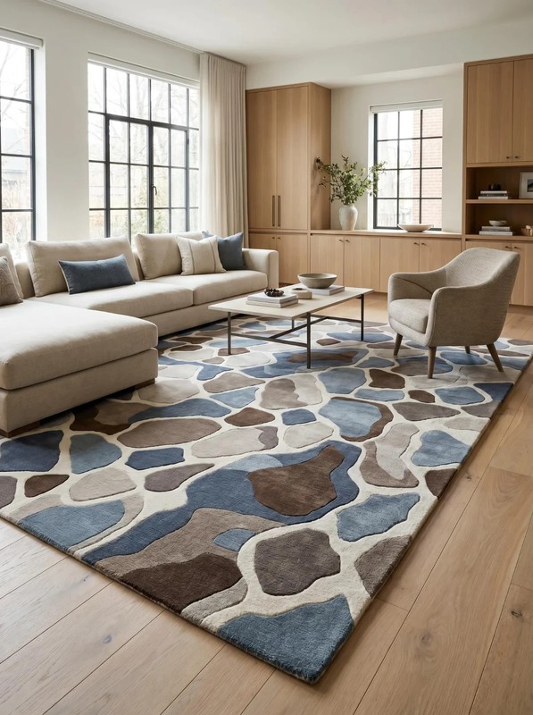 Hand Tufted Wool Pebble Pattern Rug, Modern Neutral Blue Brown Area Rug 9x12 Lar gallery