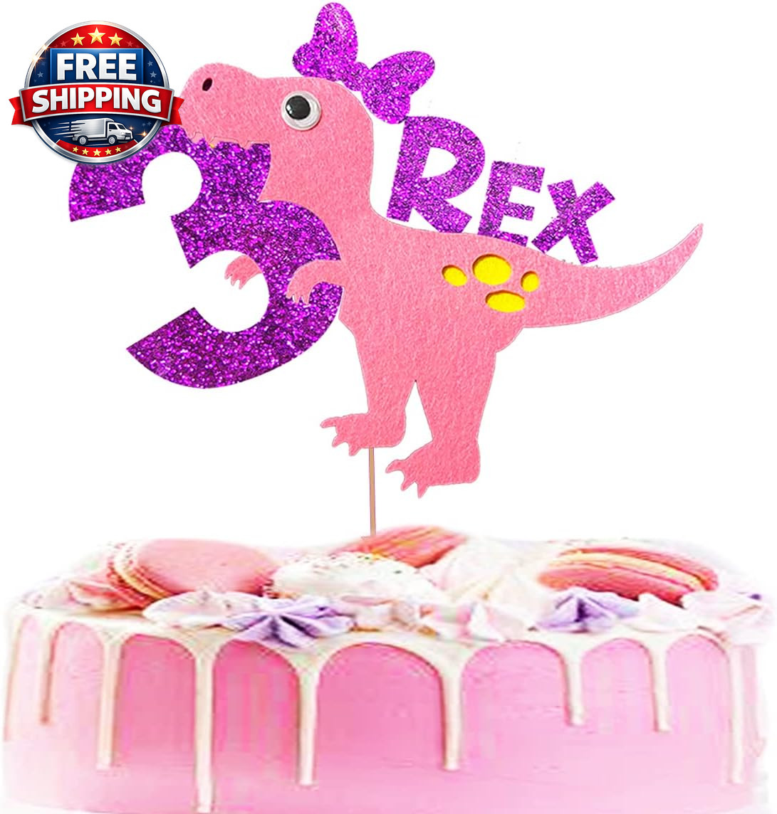 Three Inspired Rex Dinosaur Cake Toppers, Baby Girl & 3 Years Old Birthday Party gallery