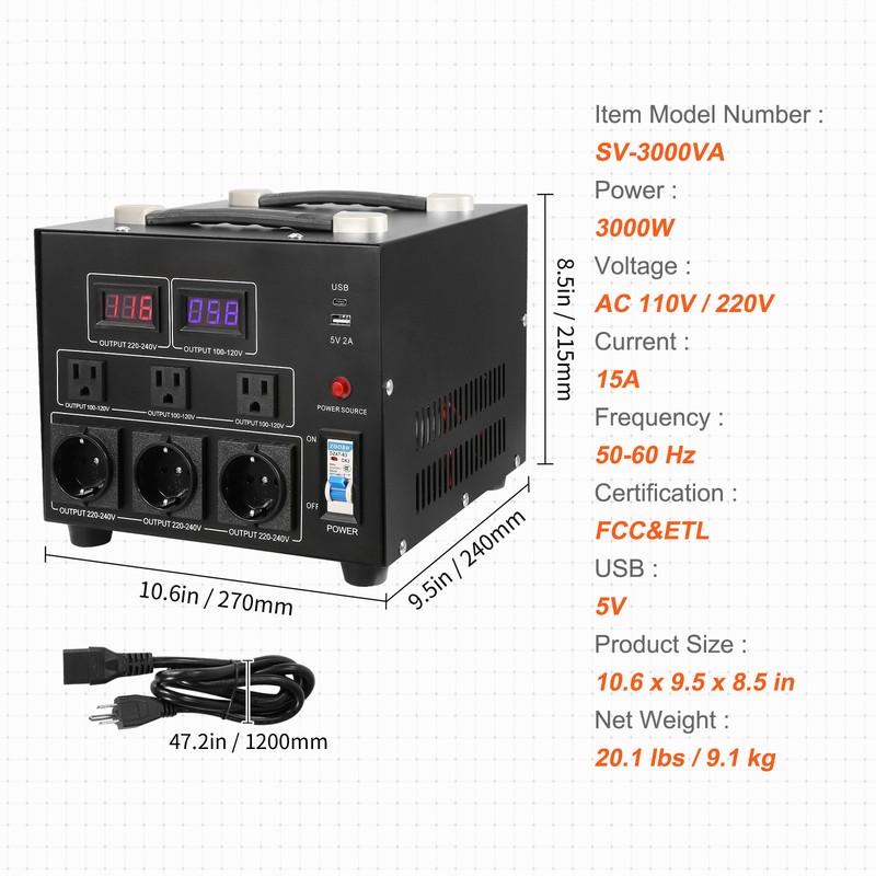 VEVOR 3000W Voltage Converter Transformer Step Up/Down 220V-110V /110V-220V CE gallery