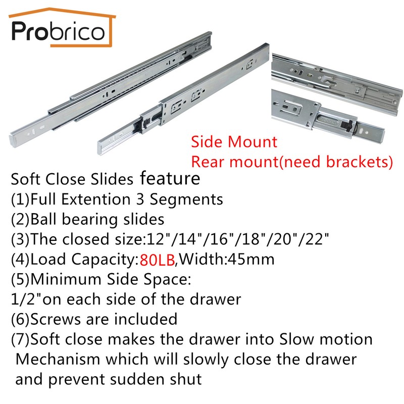 Probrico Soft Close Drawer Slides Full Extension Ball Bearing Side or Rear Mount gallery