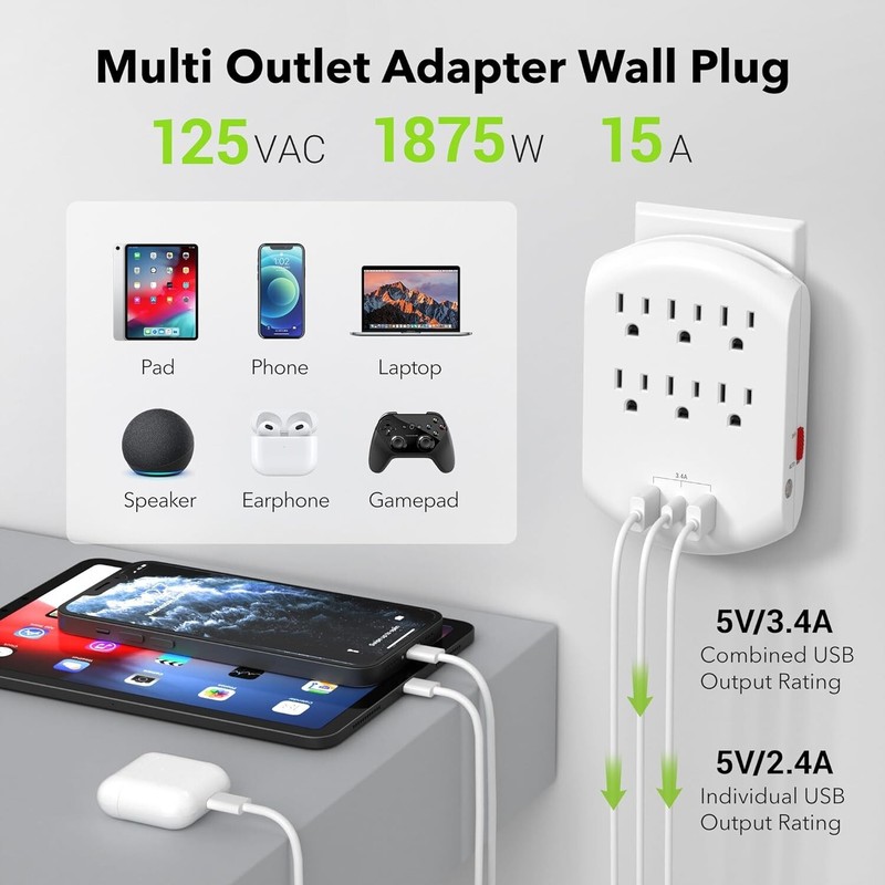 BN-LINK Multi Plug Outlet, USB Wall Charger with 6 Outlets, 3 USB Charging Ports gallery