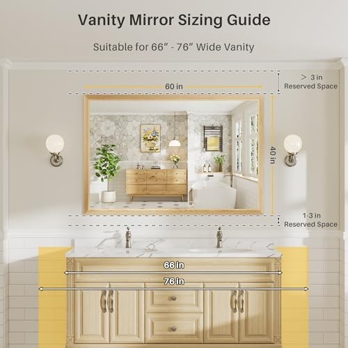 60x40 Inch Bathroom Mirror for Wall, Anti-Rust Wood Grain Metal 60"L x 40"W Oak gallery